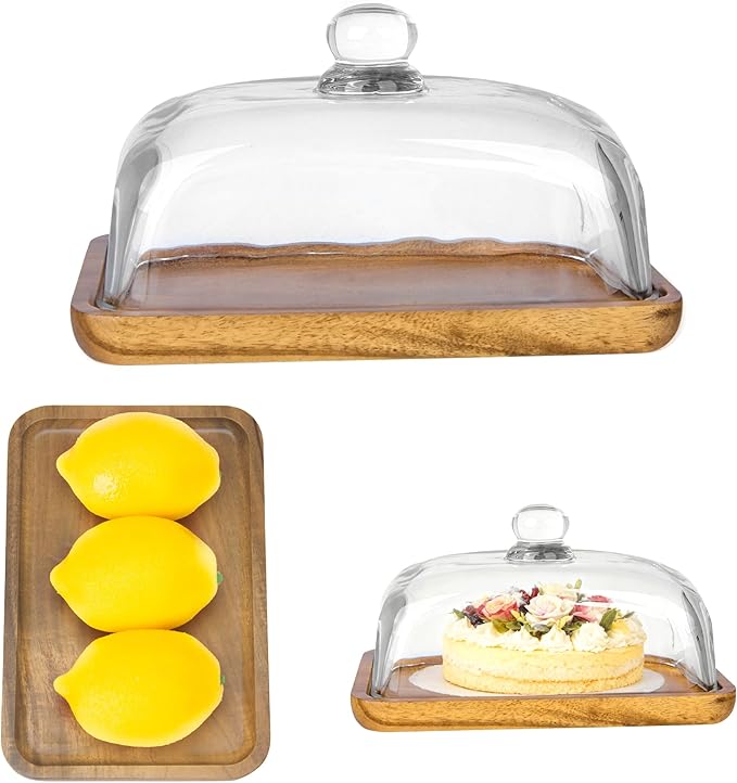 1 Pack Rectangular Wooden Cake Stand with Glass Dome,Small Cake Plate Holder with Clear Glass Bell,Cake Display Server Tray for Kitchen,Birthday Parties,Weddings,Baking Gifts (4.6 x 7in)