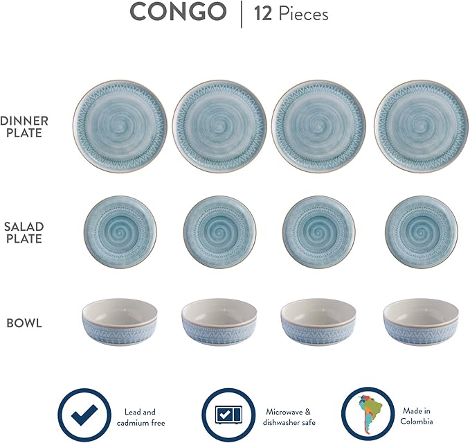 Corona 12-piece Blue Tribal Hand-Painted Details Ceramic Dinnerware Sets | Plates and Bowls | Service For 4 | Congo