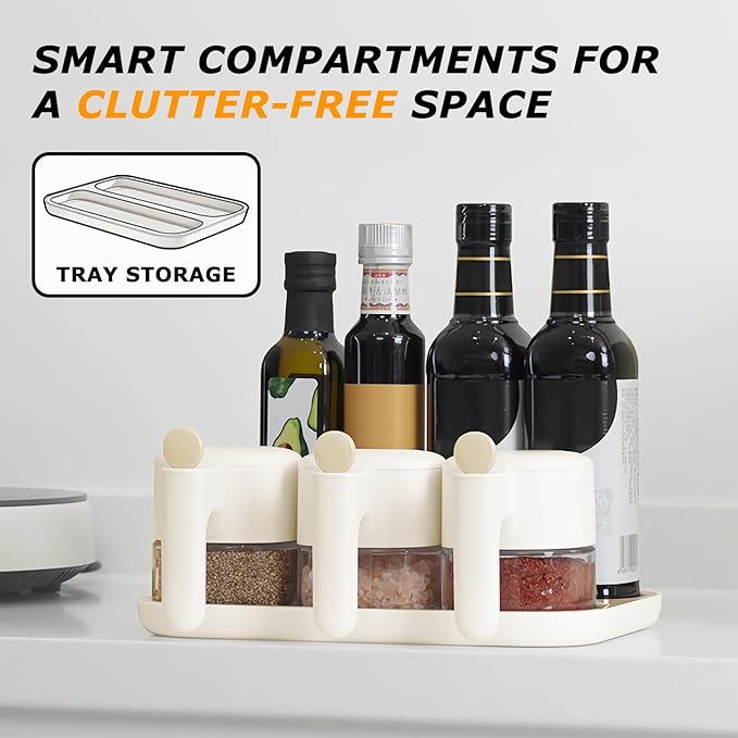 Seasoning Spice Containers with Lid and Spoon Set,6-Pack 11oz Auto-Open/Close Seasoning Box Wide Mouth Glass Salt and Sugar Container Sets for Countertop,Dishwasher Safe Spice Jars
