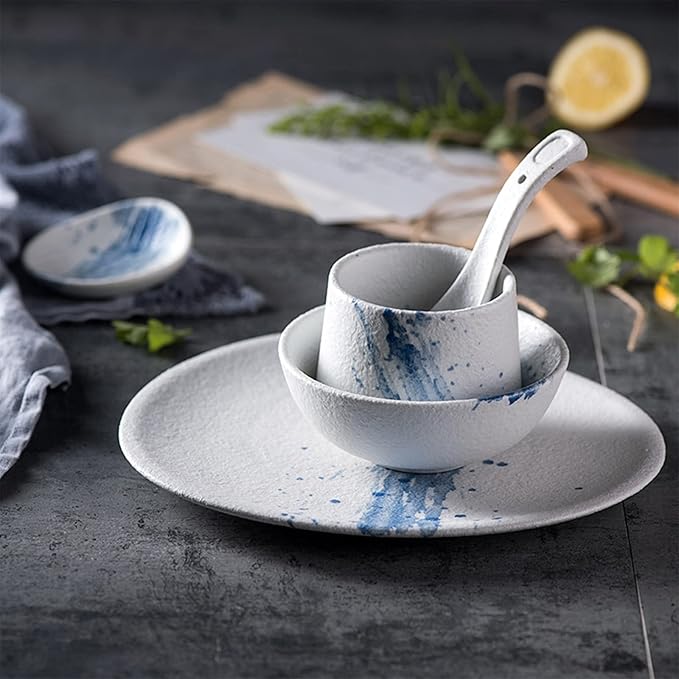 Ceramics Dinnerware Set, Plates and Bowls Sets for Restaurant, 36 Pieces Blue Splash Ink Tableware Combination Set, Matte Irregular Shape Porcelain Dinner Set