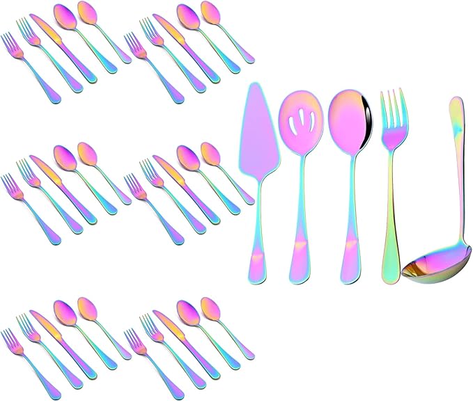 35-Piece Rainbow Flatware Set With Serving Set, 18/0 Stainless Steel Cutlery Set Service For 6, Mirror Polished, Dishwasher Safe