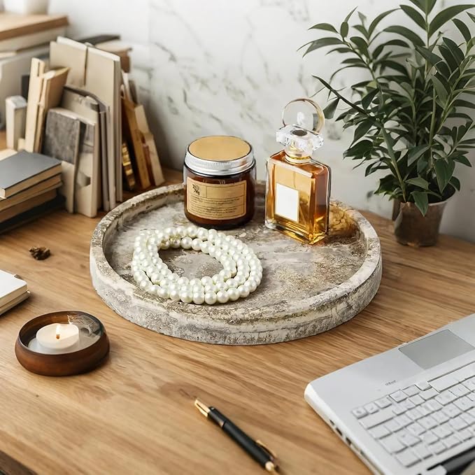 Round Marble Vanity Tray, Gray Travertine,Natural Marble Stone Decorative Tray for Counter, Bathroom, Kitchen, Dresser, Nightstand or Coffee Table, Home Decor(NS024)