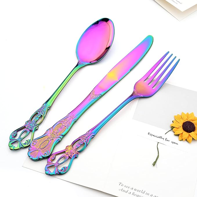 Royal 24-piece Rainbow Silverware Dinnerware, 18/10 Stainless Steel Luxury Flatware Service For 6 Include Knives/Forks/Spoons/Teaspoons, Mirror Polished Dishwasher Safe