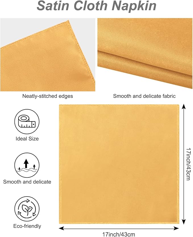 CROWN GUIDE 12 Pack Gold Napkin Rings and Cloth Napkins Set of 6, 17x17 Satin Cocktail Napkins Bulk Table Napkins Holder for Wedding Reception Personalized Napkins Bridal Shower for Party Decorative