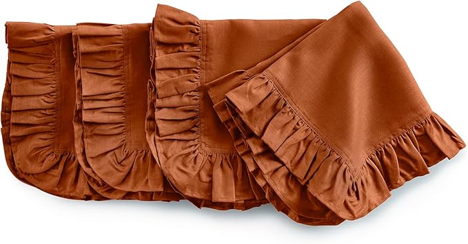 Solino Home Linen Ruffle Napkins Set of 4-100% Pure Linen Cinnamon Dinner Napkins Cloth 20 x 20 Inch - Gabrielle Ruffle, Handcrafted and Machine Washable