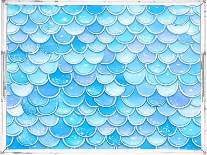 Serving Tray with Handles Clear Acrylic Tray 12x16 Inch Decorative Rectangular Tray Organizer for Ottoman Coffee Table Bathroom Blue Fish Scale Pattern