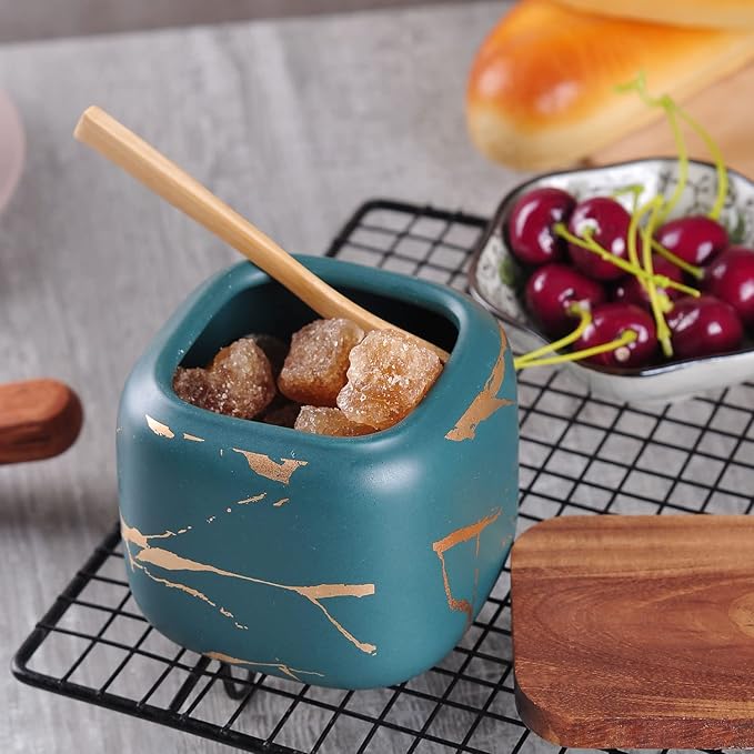 VanEnjoy Decorative Marble Inlay Glaze Ceramic Sugar Spice Containers Porcelain Jar with Bamboo Lid and Spoon Condiment Jar for Home