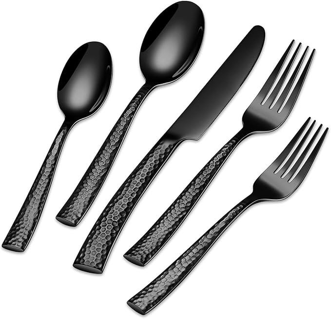 EUIRIO 40-Piece Black Hammered Silverware Set, Stainless Steel Black Flatware for 8, Mirror Polished Tableware Cutlery Set for Home and Hotel, Includes Forks, Spoons and Knives, Dishwasher Safe