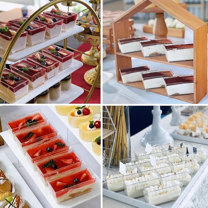 100 Set 140ml/4.8 oz Clear Dessert Cups with Lids and Spoons, Rectangular Dessert Cups, Mini Clear Appetiser Serving Bowls for Desserts, Mousse, Puddings