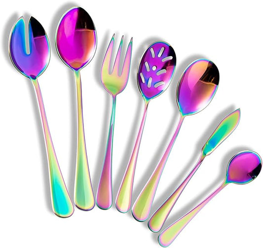 Color rainbow Serving utensils set. Stainless Steel Large Hostess Flatware Sets 7-Piece Includes Silverware Large Salad Spoons,Forks,knife.Dishwasher Safe