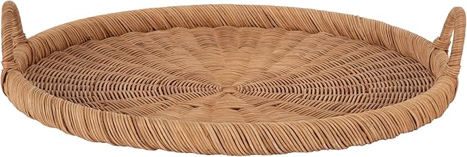 Kate and Laurel Cormont Modern Round Woven Rattan Tray with Handles; 23 Inch Diameter; Natural Rattan; Decorative Circle Boho Tray for Use as Versatile Ottoman Tray or Serving Platter