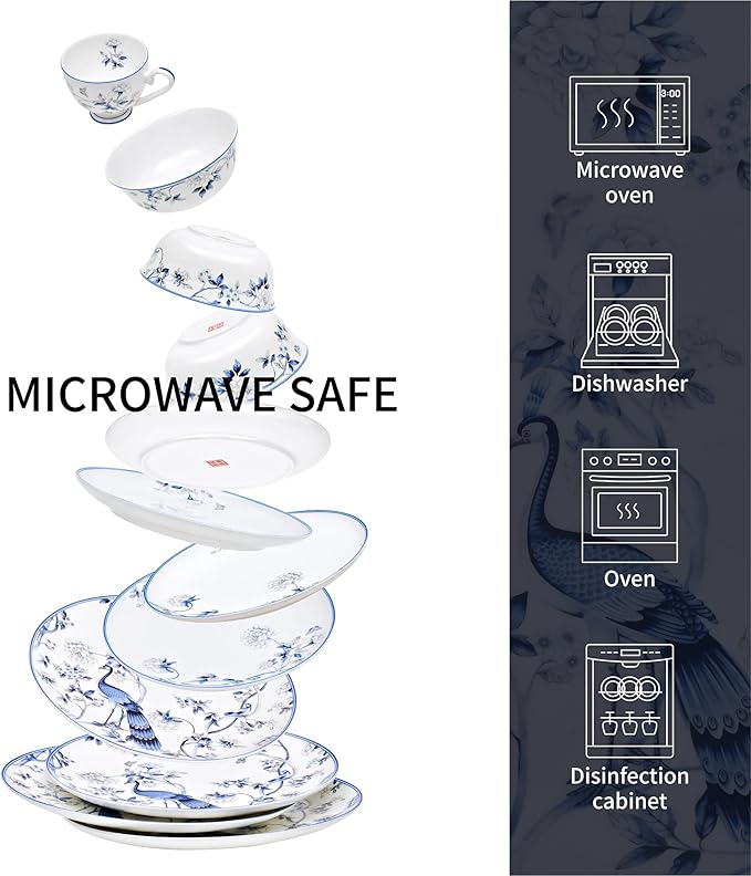 16 PCS Top-Grade Bone China Dinnerware Set for 4,Jingdezhen Blue and White Porcelain Kitchen Bowls Dinner Table Plates Coffee Cups