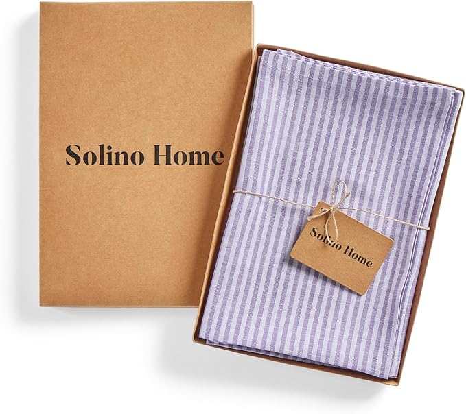 Solino Home Linen Cloth Napkins Set of 4-100% Pure Linen Lavender and White Striped Dinner Napkins 20 x 20 Inch for Christmas, New Year - Narrow Stripe, Handcrafted and Machine Washable