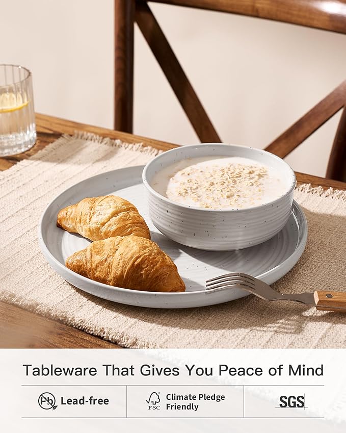 Plates and Bowls Sets for 6, Famiware Premium 18-Piece Stoneware Dinnerware Set, Spiral Flared Dish Set with Speckles & Reactive Glaze - Microwave & Dishwasher Safe Tableware, White