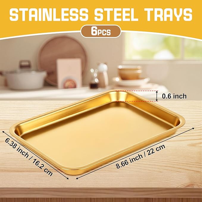 6 Pcs 8.6 x 6.4 Inch Baking Sheets Stainless Steel Baking Pan Tray Cookie Sheet Rectangle Mirror Finish and Rust Free Easy Clean and Dishwasher Safe Bakeware Oven Tray for Roasting(Gold)