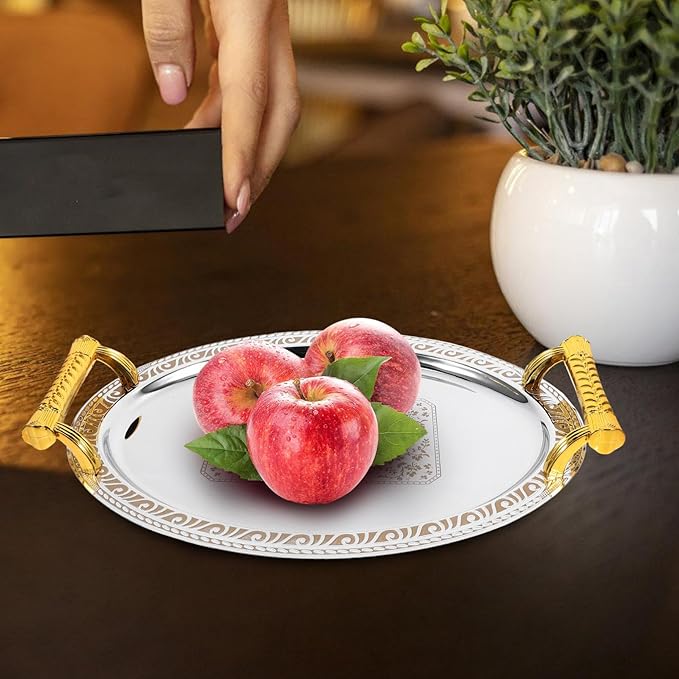 European Style Stainless Steel Serving Tray Vintage Oval Food Storage Tray for Snacks Fruits Desserts Reusable Easy to Clean for Home Restaurant Use Silver Gold Edge
