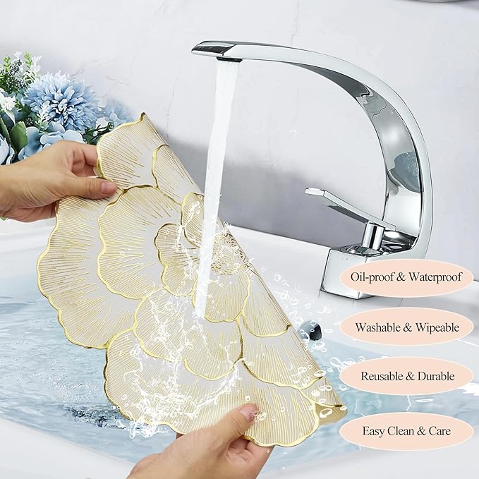 Floral Round Placemats Set of 6 Gold Vinyl Table Mats Heat Resistant Non Slip Place Mats for Dinning Table Setting Christmas Wedding Thanksgiving Party Decoration