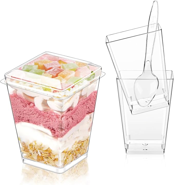 25Pack 5oz Plastic Dessert Cups with Lids and Spoons, Clear Parfait Appetizer Cups for Party, Mini Shooter Serving Cup, Square Dessert Shot Glasses for Tasting