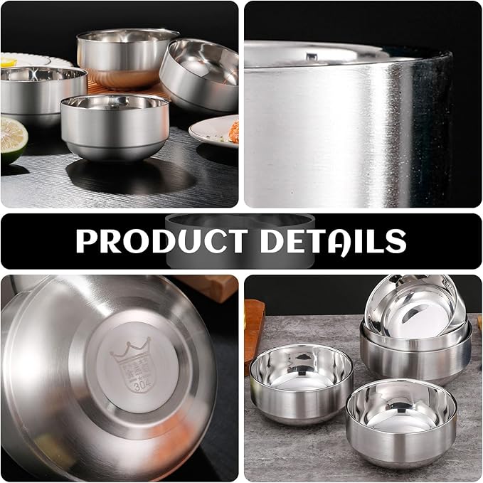 6 Pcs Stainless Steel Bowls, 4.7 inches deep x 2.4 inches high Soup Bowls Stainless Steel Cereal Bowls Double-walled Metal Serving for Rice, Ice cream, Food-grade Material Dishwasher Safe