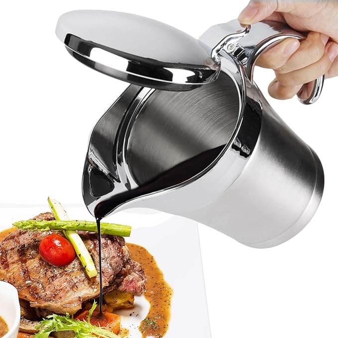 Gravy Boat Stainless Steel Double Insulated Sauce Jug with Hinged Lid, Perfect for Serving Jars of Gravy or Cream for Thanksgiving, Halloween, Christmas (750ML-25oz -Sliver）