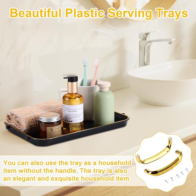 Rtteri Set of 6 Serving Platters with Handles 18.3/16.73/14.8 Inch Large Rectangular Serving Tray Reusable for Entertaining Dinner Party Wedding Decoration(Golden Handles,Black)