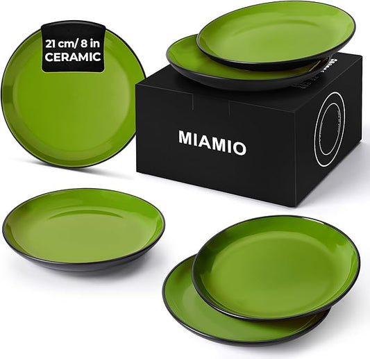 MIAMIO – 6 x Plate/Dinner Plate Set Stoneware Ceramic Tableware Set - Le Papillon Collection (Green, 8 Inch)
