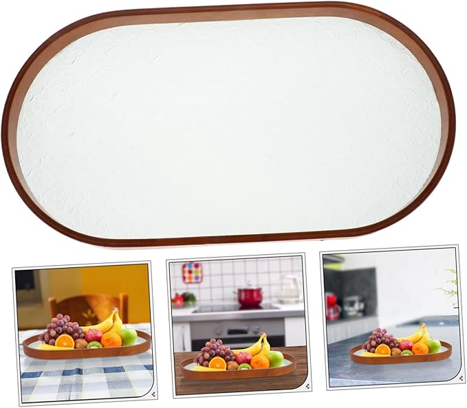 Antique Glass Serving Tray with Wooden Edge Rectangular Fruit and Dessert Platter Portable Snack Tray for Tea Ceremonies and Parties