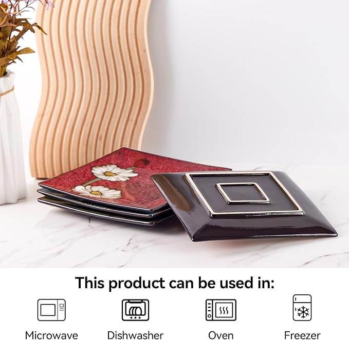Porcelain Square Dessert Salad Pasta Plates 7.5 inches ceramic plates set of 4 Stackable Dinner Plates for Steak, Pasta, Salad, Snacks, Dessert，Microwave and Dishwasher Safe (Multicolor A, 7.5 Inch)