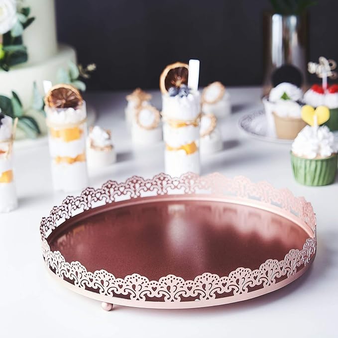Plastic Round Premium Decorative Serving Tray with Embellished Rims - Rose Gold
