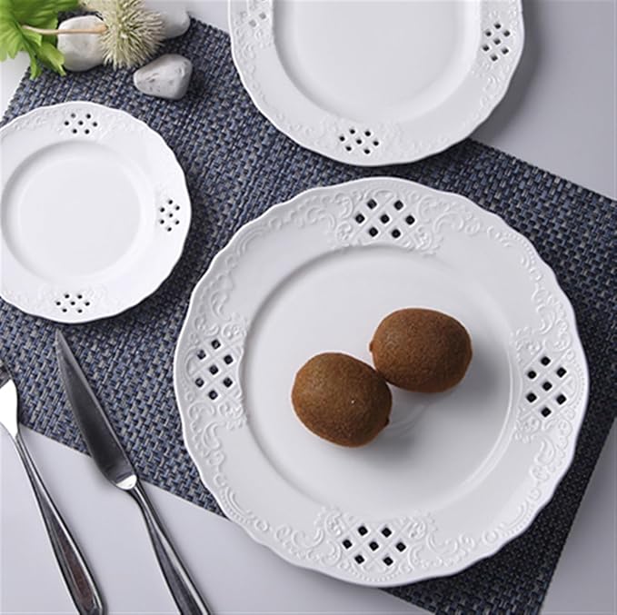 SONGCHAO Party Supplies Hollow Out Dessert Plate White Disc Home Kitchen Restaurant Coffee Shop Flat Plate Ceramic Fruit Plate Round Fruit Tray Party Plates (Color : Medium)