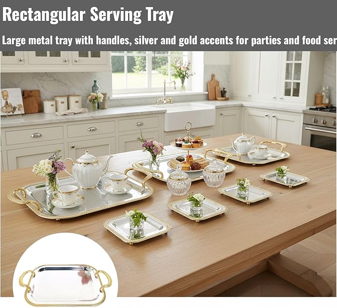Rectangular Serving Tray Silver with Handles for Parties, Large Metal Tray for Serving Food and Drinks, European Style Tray