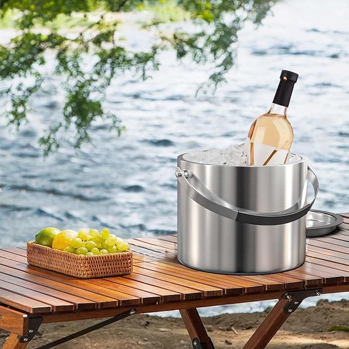 3.2L Insulated Ice Bucket for Parties & Cocktail Bar，Double Wall Stainless Steel Wine Bucket with Lid & Tongs,Ideal for Chilling Wine, Champagne