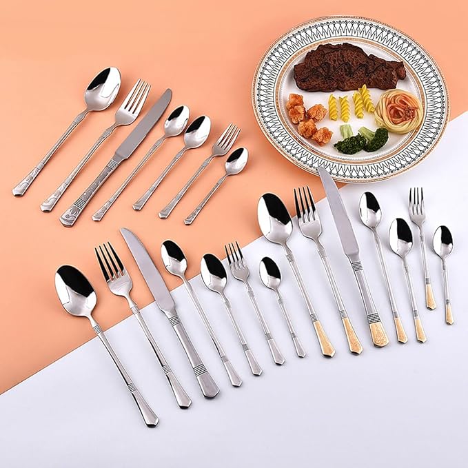 Deluxe 56 Piece Silver Silverware Set for 8 Stainless Steel Flatware Set with Knife/Fork/Spoon,Cutlery Set for Home and Kitchen,Utensil Set with Dishwasher Safe，Gift Package for Wedding Housewarming
