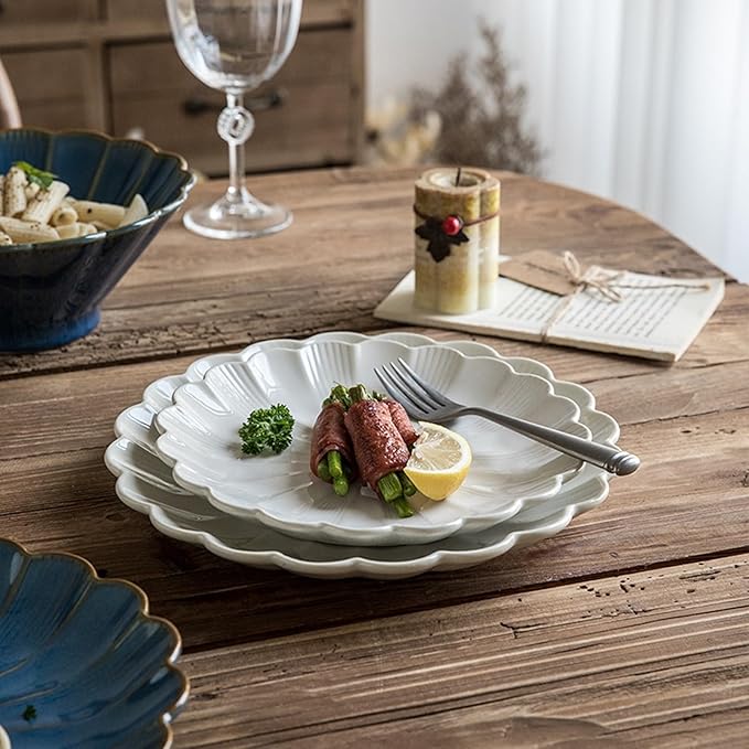 SONGCHAO Party Supplies 10 Inch Petal Plate Embossed Dessert Plate Ceramic Plate Salad Plate Home Kitchen Ceramic Dinnerware Plate Party Plates (Color : A, Size : 10inch)