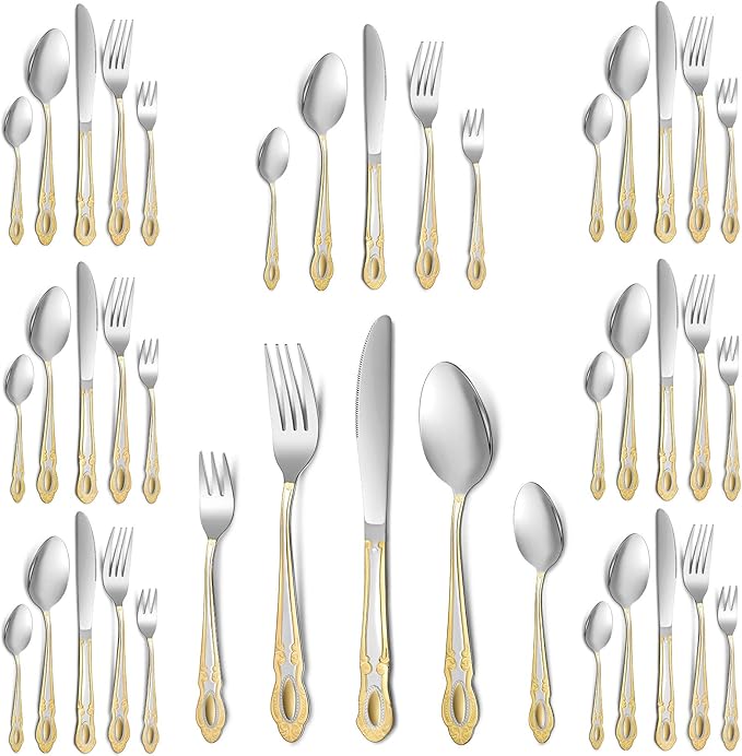 Coume 40 Pcs Gold and Silver Flatware 18/10 Stainless Steel Flatware Set for 8 Fork and Spoon Silverware Set Gold Silver Utensils for Wedding Family Gatherings Hotel, Dishwasher Safe
