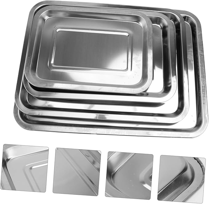 4pcs Stainless Steel Bread Tray Fruit Plate Cake Serving Plate Silver Tray for Home Dining