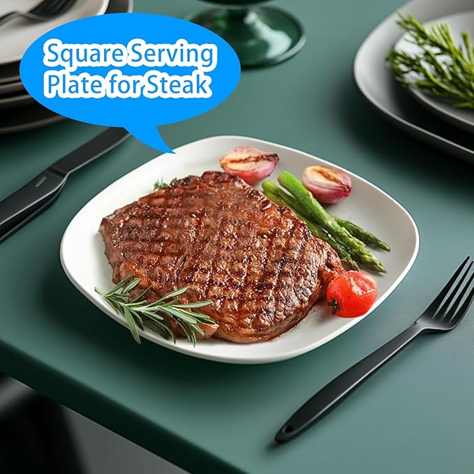 Appetizer Plates Set of 6, 10.5 Inch White Square Plates, Porcelain Dinner Plate, Square Serving Dishes for Pasta, Steak, Snacks,Salad(Microwave and Dishwasher Safe)