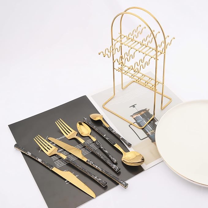 Stainless Steel Silverware Set with Holder - 25 PCS Gold Flatware Cutlery Set - Black Marble Texture Handle Design - Hanging Metal Eating Utensils Set Service for 6 - Party Tableware Set