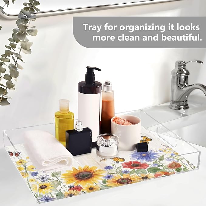 Serving Tray with Handles Clear Acrylic Tray 12x16 Inch Decorative Rectangular Tray Organizer for Ottoman Coffee Table Bathroom Watercolor Cornflower Butterfly
