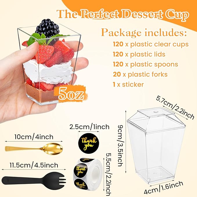 380 Pcs 5oz Clear Plastic Dessert Cups with Lids & Spoons – BPA-Free Appetizer & Parfait Cups for Pudding, Mousse, Jello, Yogurt – Includes 20 Bonus Forks