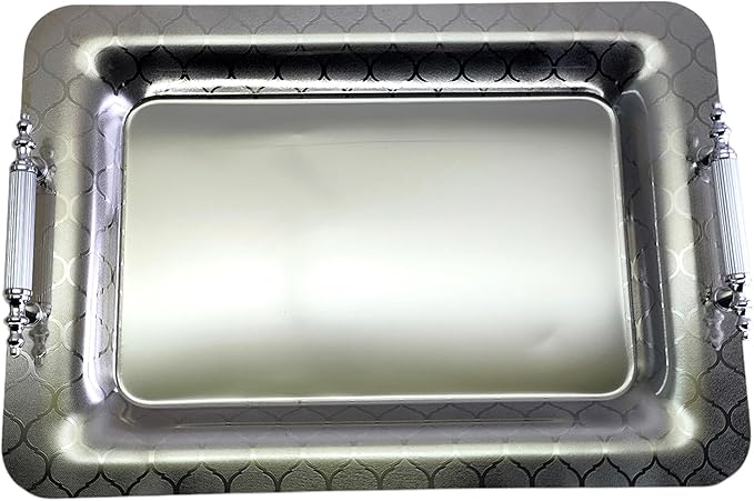 (Pack of 2) 18.5 inch x 13 inch Oval Chrome Plated Silver Serving Tray Stylish Design Iron Gold Floral Engraved Edge in Party Decor Birthday Gift Platter Plate NC-114