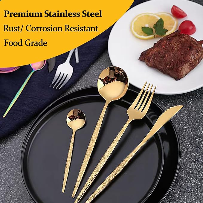 Silverware Set for 4, 16 Piece, Food Grade Stainless Steel Flatware Set, Hammered Gold Cutlery Set For Home Kitchen Restaurant Hotel, Mirror Polished Serving Utensils Set, Forks/Steak Knife/Spoons