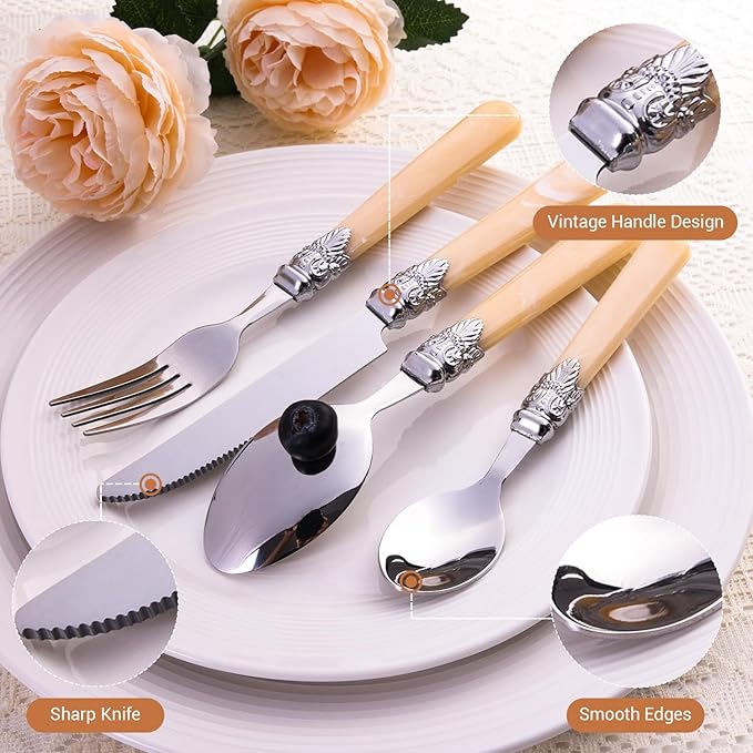 Serving Sets, 24-Piece Flatware Cutlery Set, Durable Stainless Steel Serving Utensils Set Including Dinner Forks, Knives, Spoons With Retro Handle For Steak, Salad, Soup, Tea (Set of 4)