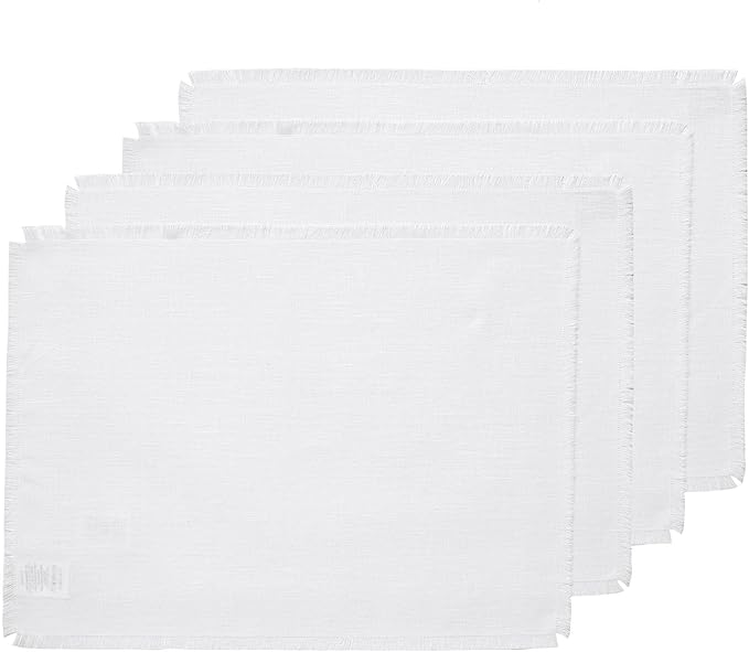Solino Home Fringe Linen Placemats Set of 4 - White Placemats 14 x 19 Inch - 100% Pure Linen Table Mats for Winter, Christmas, Holiday, New Year