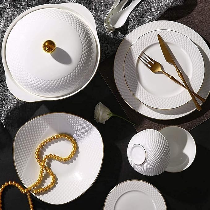 Ceramic Tableware Set, 49 Pieces Of White Embossed Porcelain, Suitable For Microwave Oven And Dishwasher, 45 Pieces Of Bone Meal Healthy Tableware