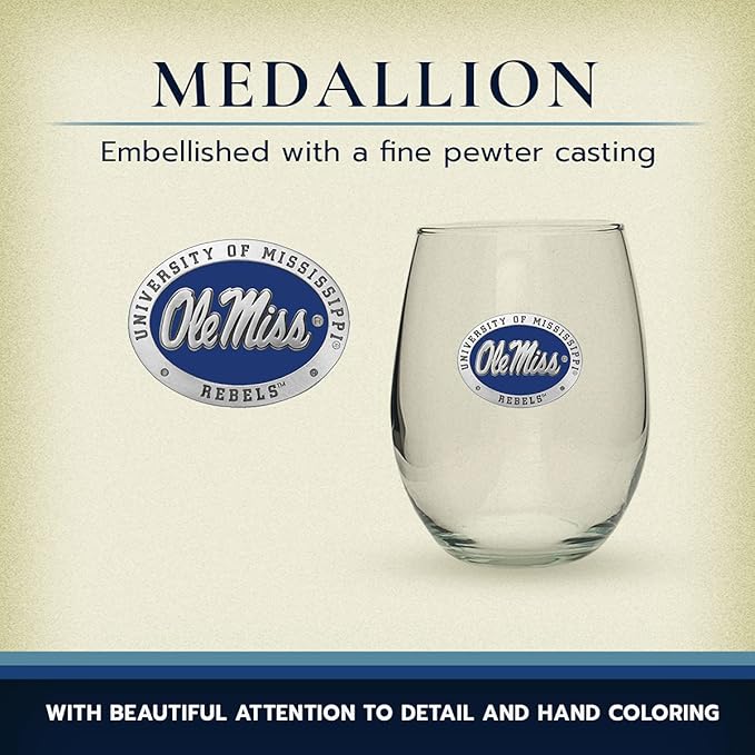 Heritage Pewter Ole Miss Rebels Stemless Glass Goblets – Set of 2 | 15 OZ Goblet Wine Glasses | Expertly Crafted Pewter Glass