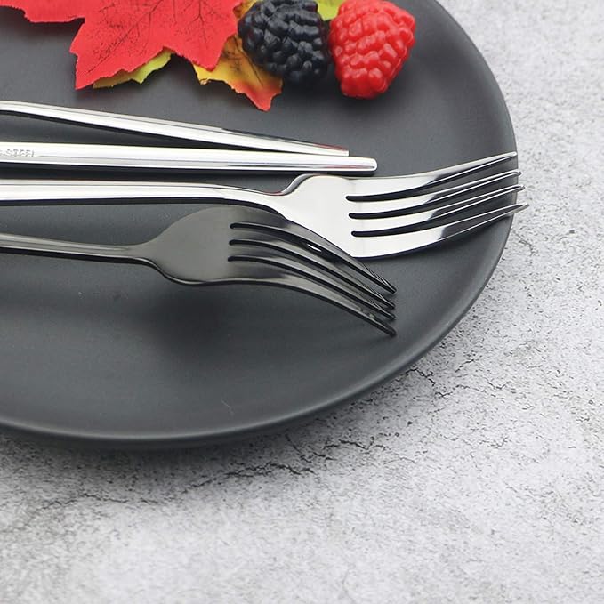 JASHII Silverware Set, Mirror Polished Black Flatware Cutlery Set Service for 4, Shiny Finish 24 Pieces Stainless Steel Utensils Set Dinner Knife Fork Spoon Dessert Fork Salad Spoon Dishwasher Safe