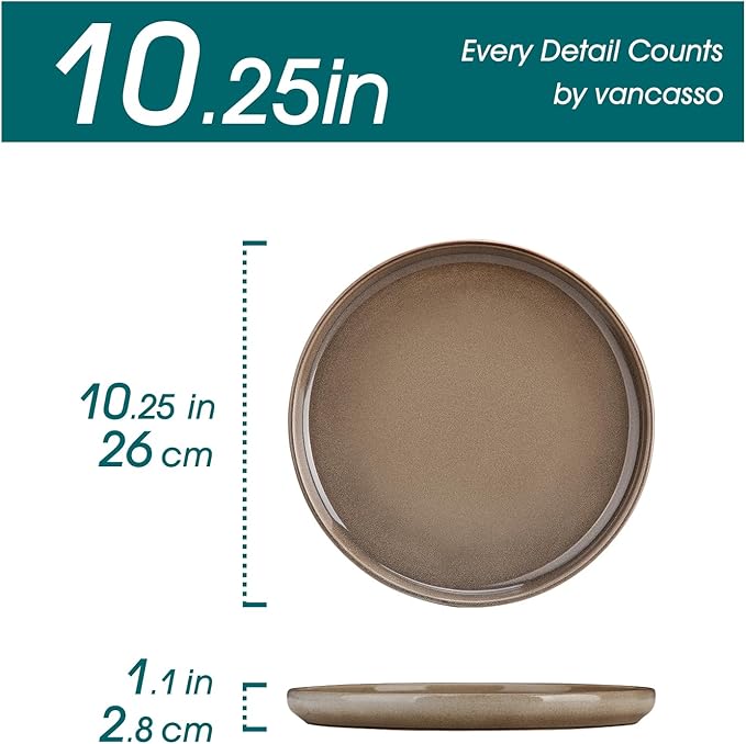vancasso PLAYA Dinner Plates Set of 6, 10.25 Inch Ceramic Plates, Microwave, Oven and Dishwasher Safe Plates, Brown
