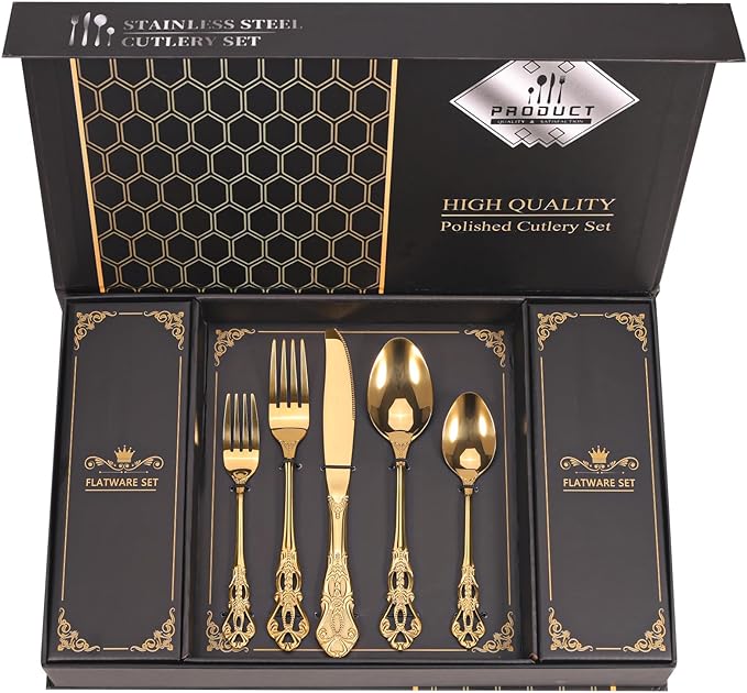 Retro Royal Gold Silverware Set With Gift Box, 60-Pieces Cutlery Set Utensils Stainless Steel Flatware For 12 MIKIWAY Kitchen Tableware Set For Gifts Festive, Dishwasher Safe, Mirror Polishing
