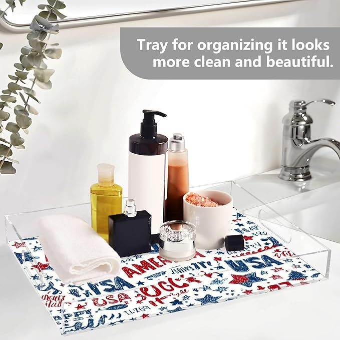 Serving Tray with Handles Clear Acrylic Tray 12x16 Inch Decorative Rectangular Tray Organizer for Ottoman Coffee Table Bathroom Vibrant Patriotic Stars Independence Day
